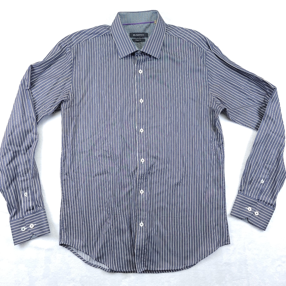 Bugatchi Uomo Shirt Mens Size Medium Black White Striped Button Up Long Sleeve
